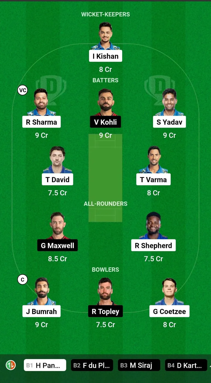 MI vs RCB Fantasy XI Prediction