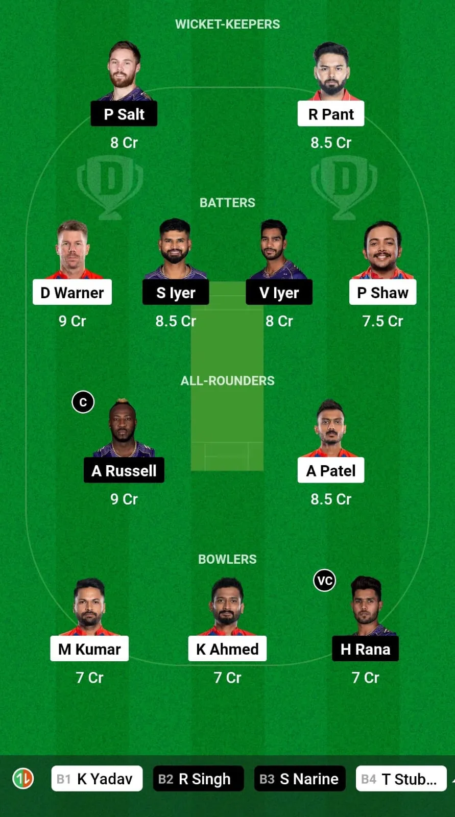 DC vs KKR Fantasy XI Prediction