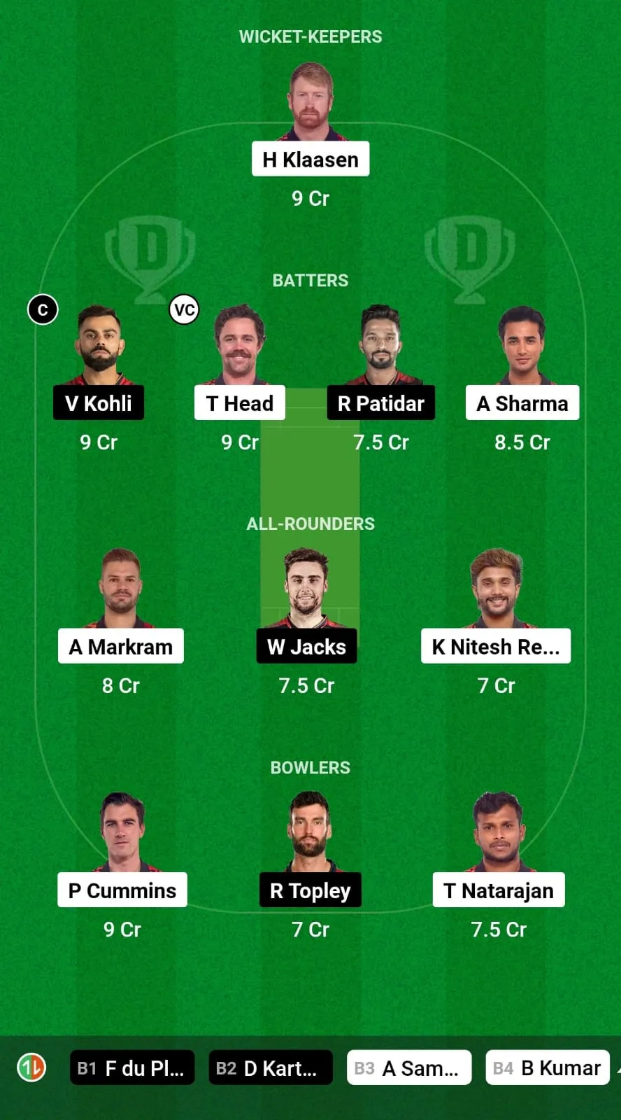 SRH vs RCB Fantasy Team Prediction