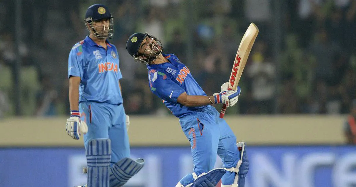 Virat and MS Dhoni after completing the chase against the Proteas in the 2014 T20 World Cup Semi-Final