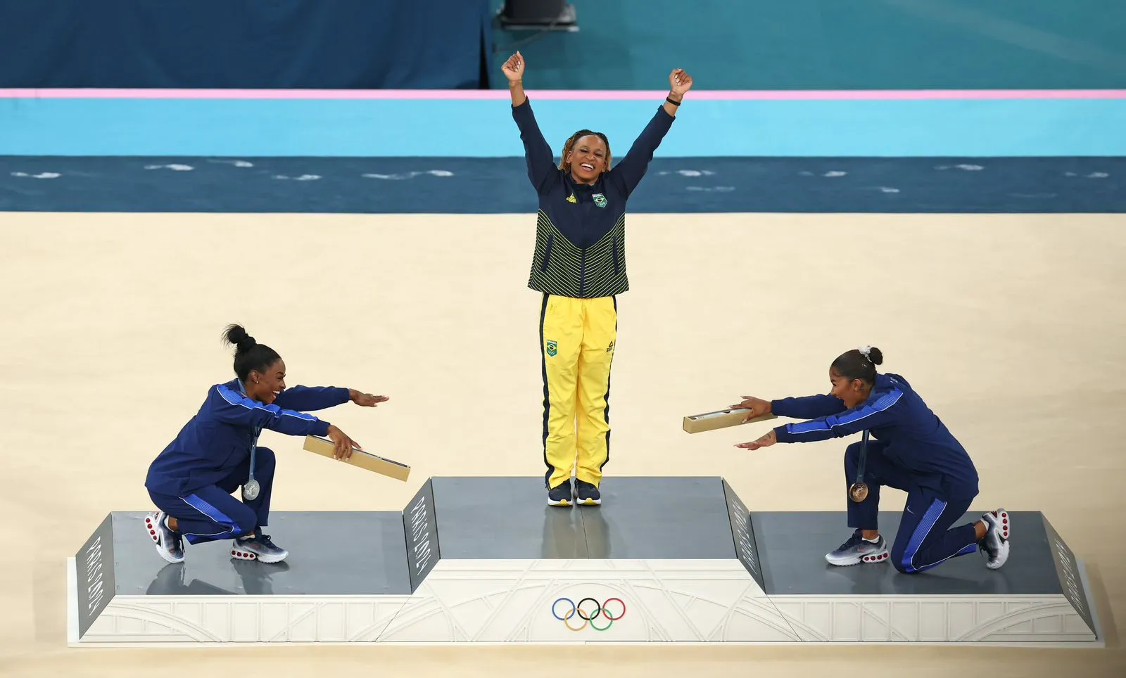 14 examples of the Olympic Spirit where respect was shown - Simone Biles, Jordan Chiles and Rebeca Andrade - Paris Olympics 2024 - sportzpoint.com