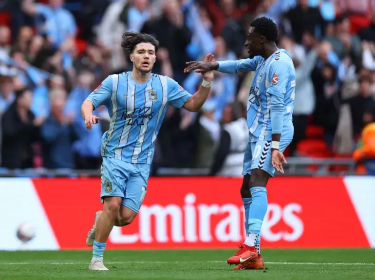 O’Hare celebrated with Fabio Tavares after scoring the second Coventry goal