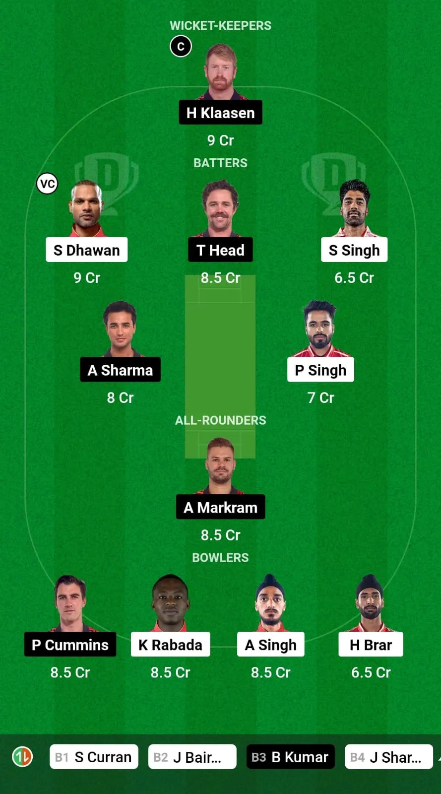 PBKS vs SRH Fantasy Team Prediction