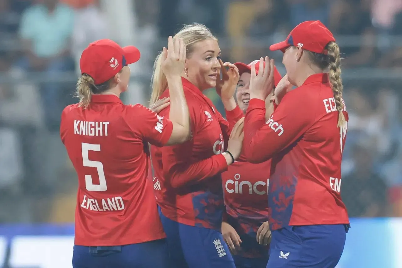 Sophie Ecclestone celebrating her wicket against India in the first T20I in Mumbai.  Image | BCCI