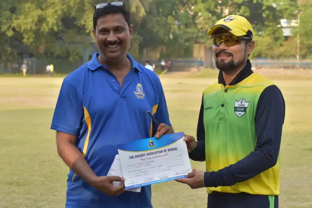 Abhijit Ganguly with the Man of the Match award in the match between the Town club and the Sporting Union. 