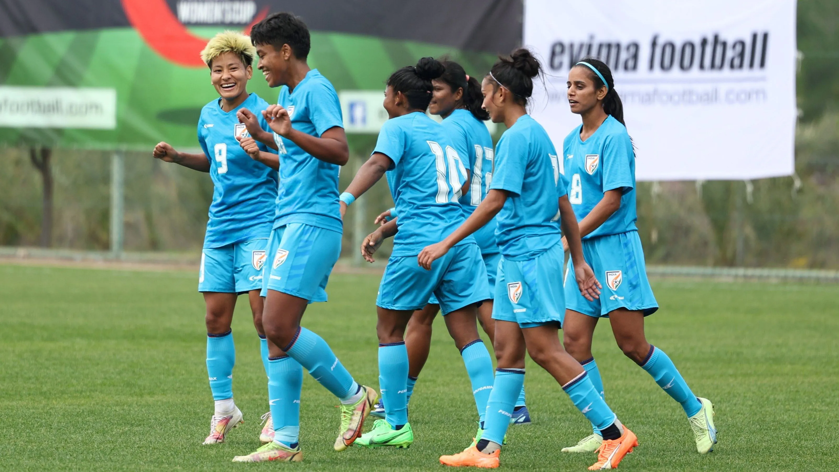 Indian players celebrate a goal against Estonia in the Turkish Women's Cup 2024.  