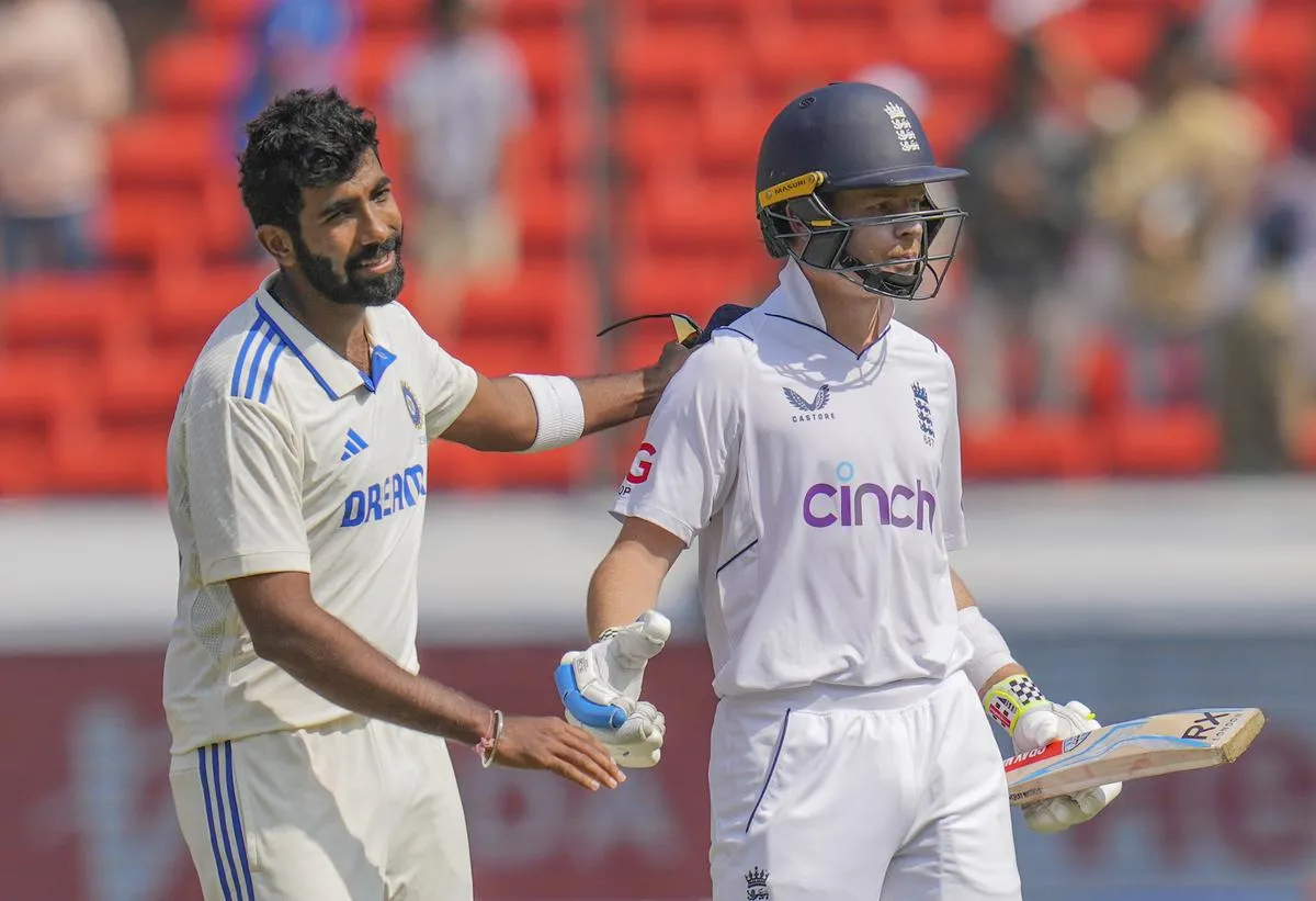 Jasprit Bumrah reprimanded for breaching ICC Code of Conduct during the IND vs ENG first Test match. Image- Sportstar - The Hindu  