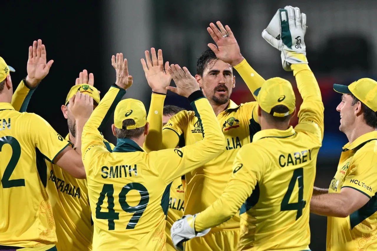 Mitchell Starc celebrating after getting Ishan Kishan in the first over.  Image: AFP/Getty Images