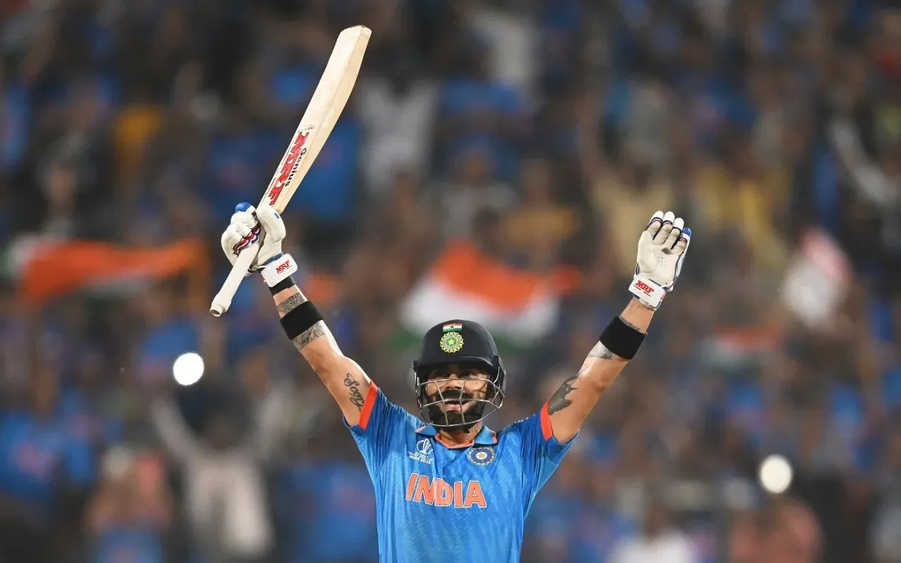 Virat Kohli after scoring his 48th ODI ton and first world cup ton while chasing against Bangladesh in ICC World Cup 2023.  Image: ICC/Getty Images