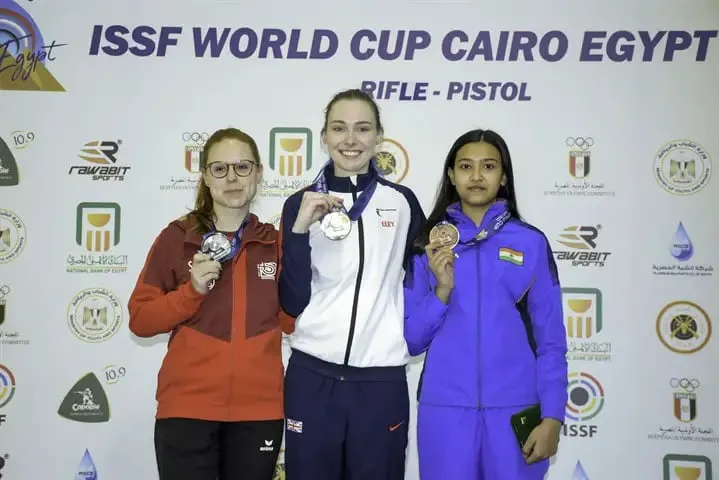 Tilottama Sen, Seonaid Mcintosh and Nina Christen (From right to left of the image) pose with their medals in the ISSF World Cup in Cairo, Egypt. | Sportz Point