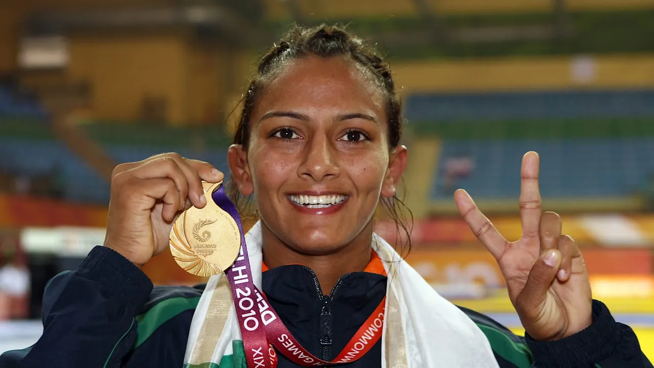 Geeta with her Gold in 2010 CWG.  Image- Olympic Channel