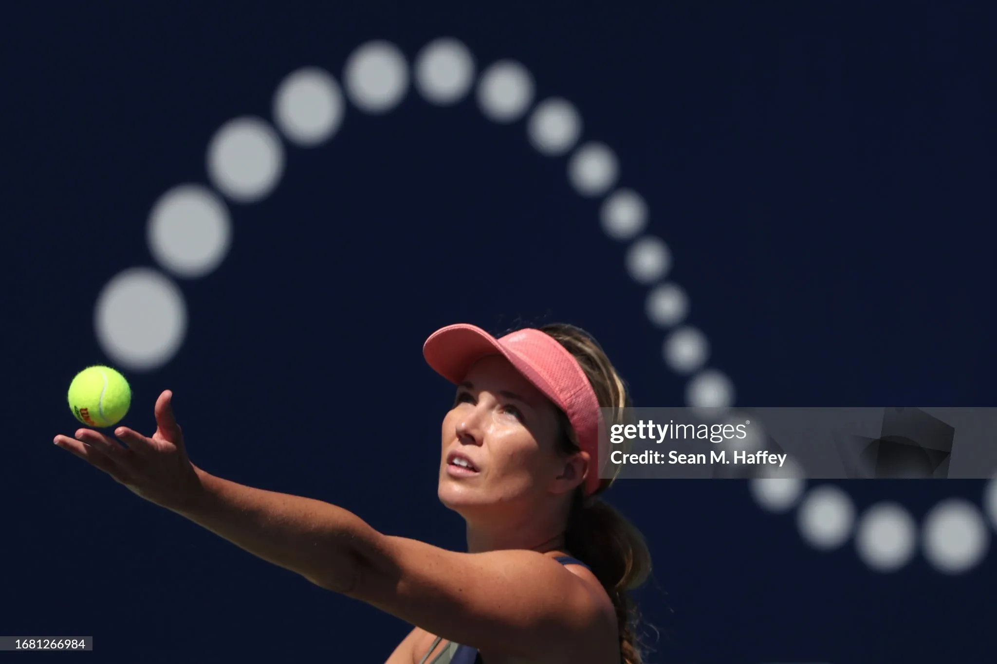 Danielle Collins of the United States serves against Caroline Garcia of France during their quarterfinal match of the Cymbiotika San Diego Open at Barnes Tennis Center on September 14, 2023 in San Diego, California.  Photo by Sean M. Haffey/Getty Images.