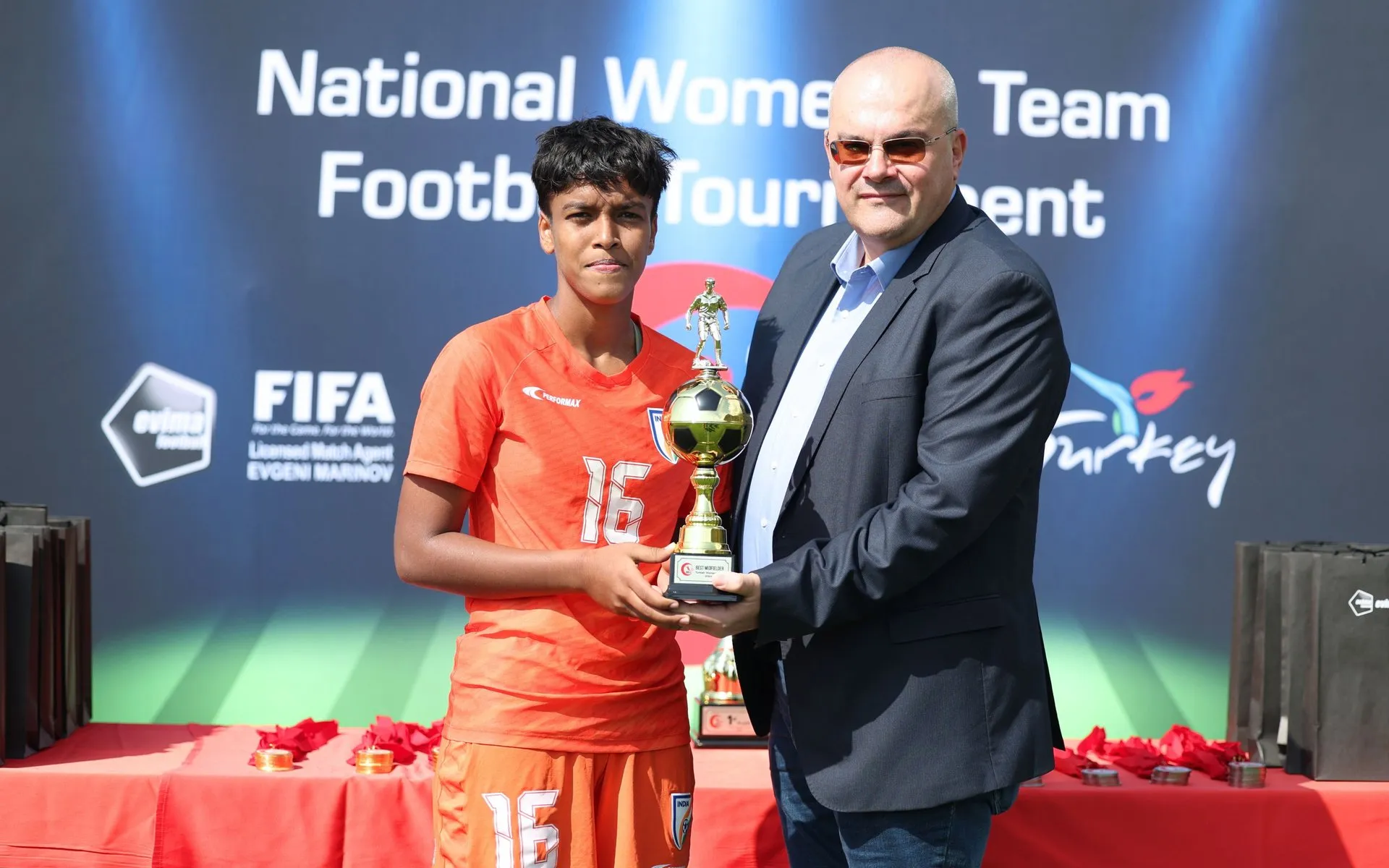 Manisha Kalyan won the best midfielder of the tournament award in Turkish Women's Cup 2024.  Image | AIFF