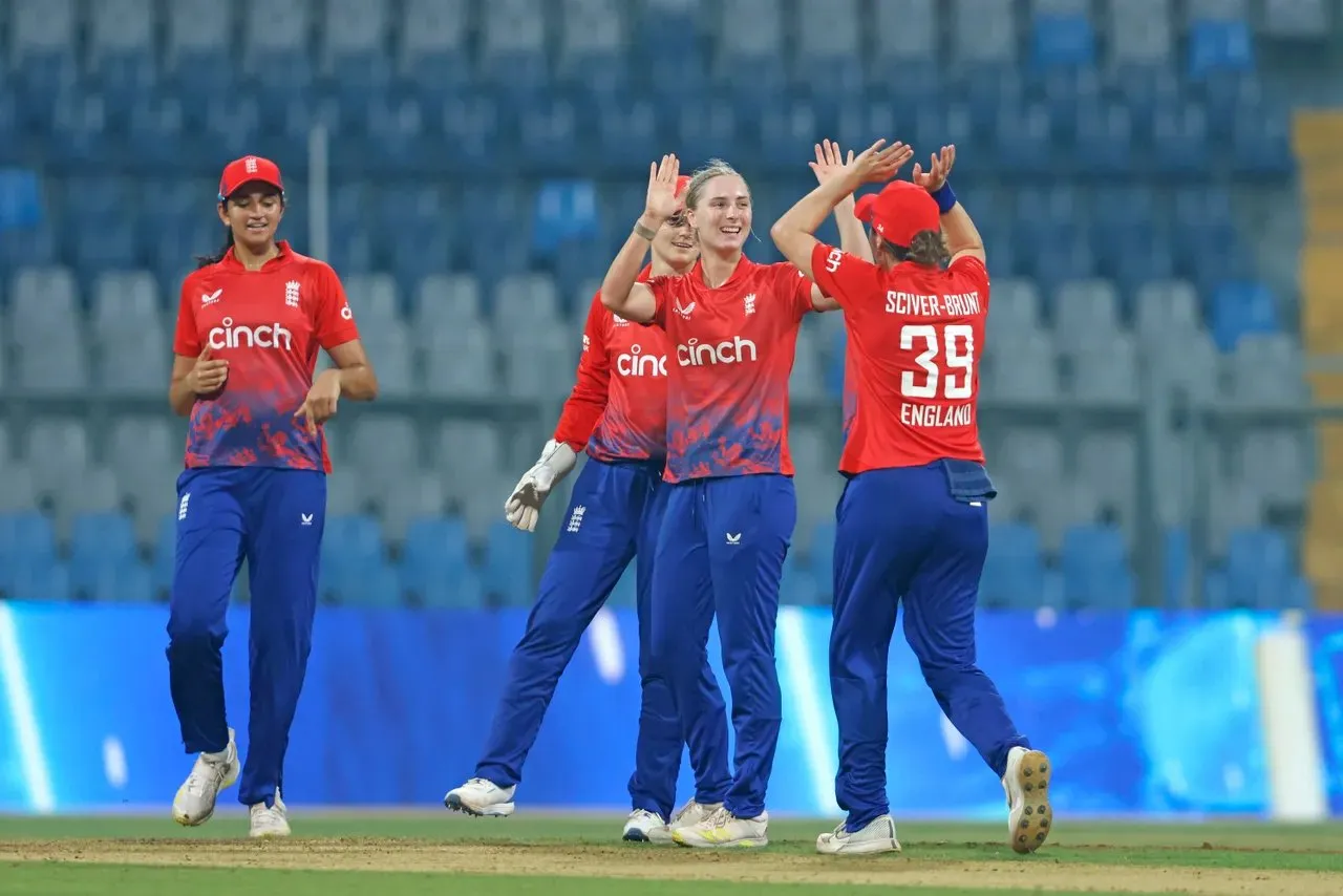 Freya Kemp after getting Jemimah Rodrigues out in the INDW vs ENGW 1st T20I in Mumbai.  Image | BCCI