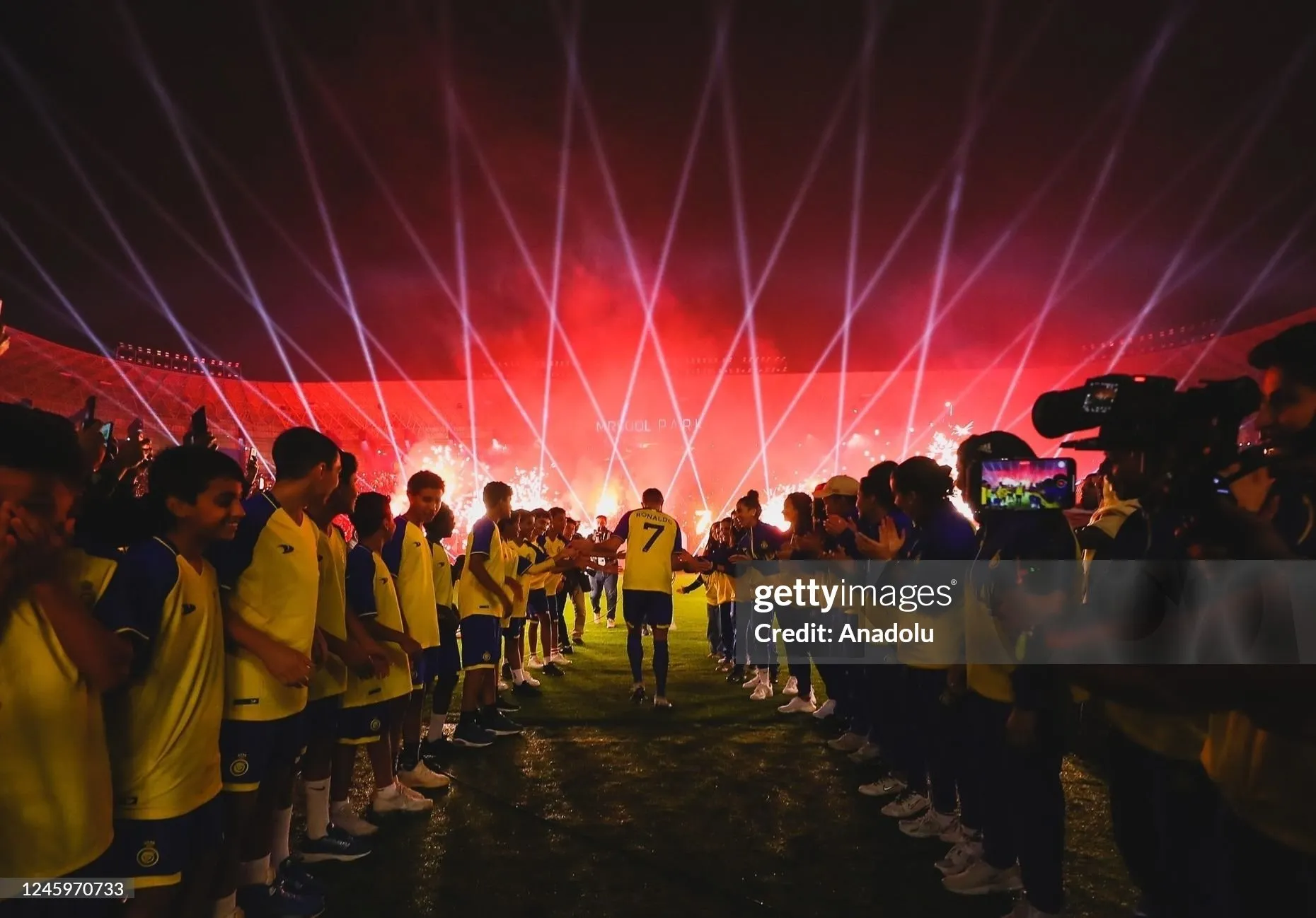 New player of Al-Nassr Portuguese superstar, Ronaldo attends an introductory ceremony at Mrsool Park Stadium, in Riyadh, Saudi Arabia on January 03, 2023.   Photo by AL Nassr Club of Saudi Arabia/Anadolu Agency via Getty Images