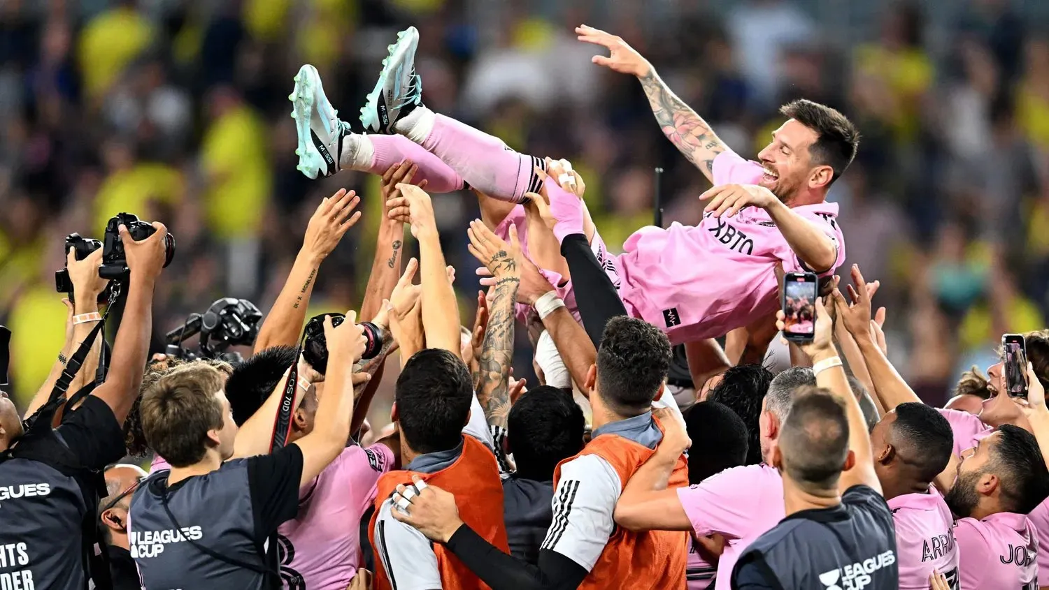 Lionel Messi #10 of Inter Miami is hoisted in the air by his teammates after winning the Leagues Cup 2023 final match between Inter Miami CF and Nashville SC at GEODIS Park on August 19, 2023 in Nashville, Tennessee.   Image | Deadline