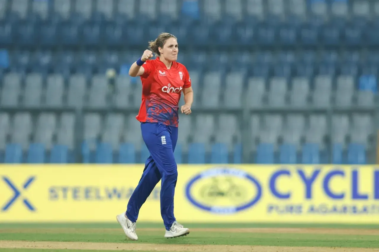 Nat Sciver-Brunt celebrating her wicket in the INDW vs ENGW 1st T20I in Mumbai.  