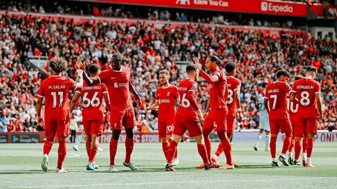 Liverpool vs Bournemouth: Liverpool players celebrating Salah's goal | Sportz Point