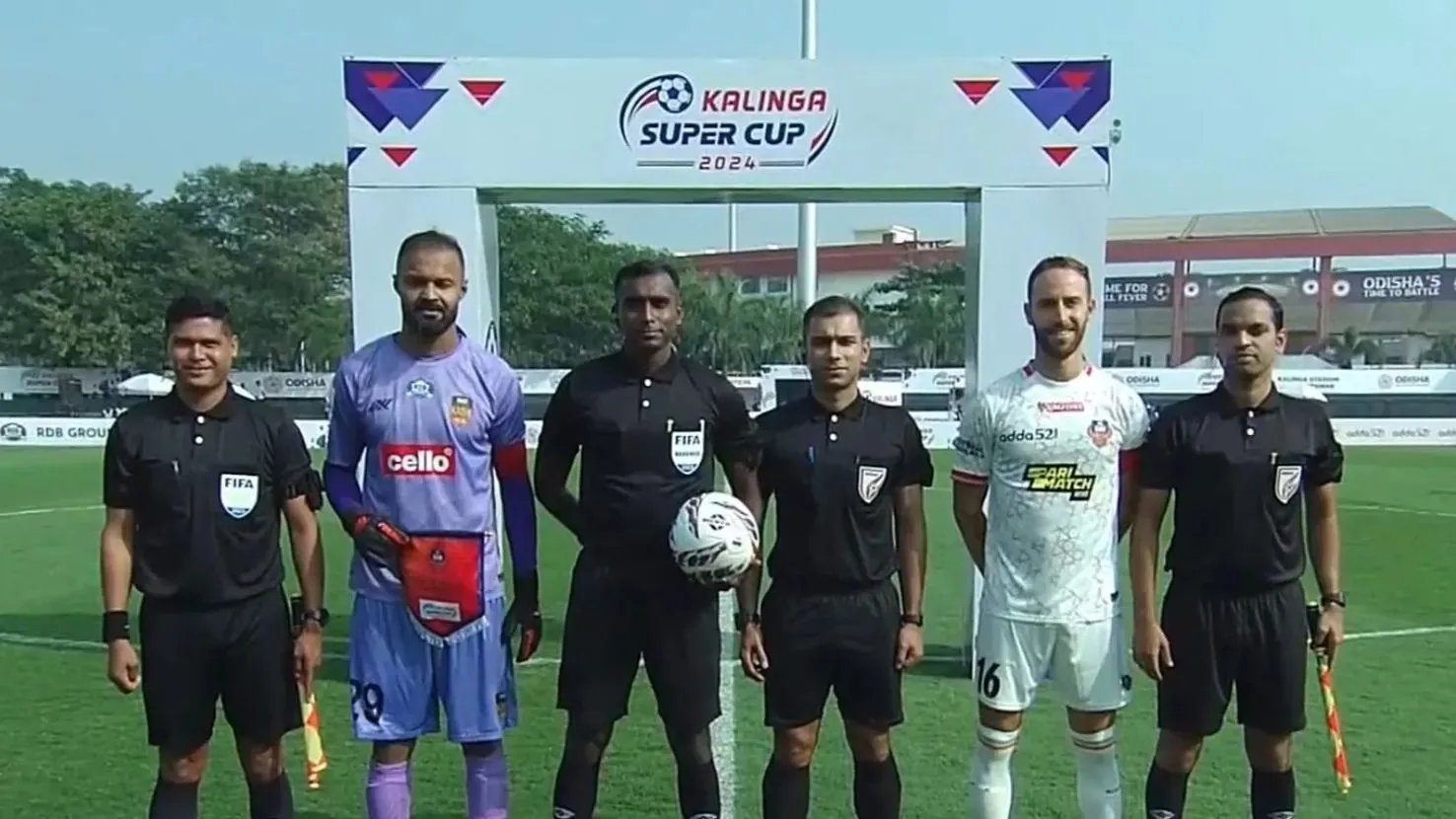 Kalinga Super Cup 2024: The captains of both teams exchange greetings, holding their respective team flags  Image - X