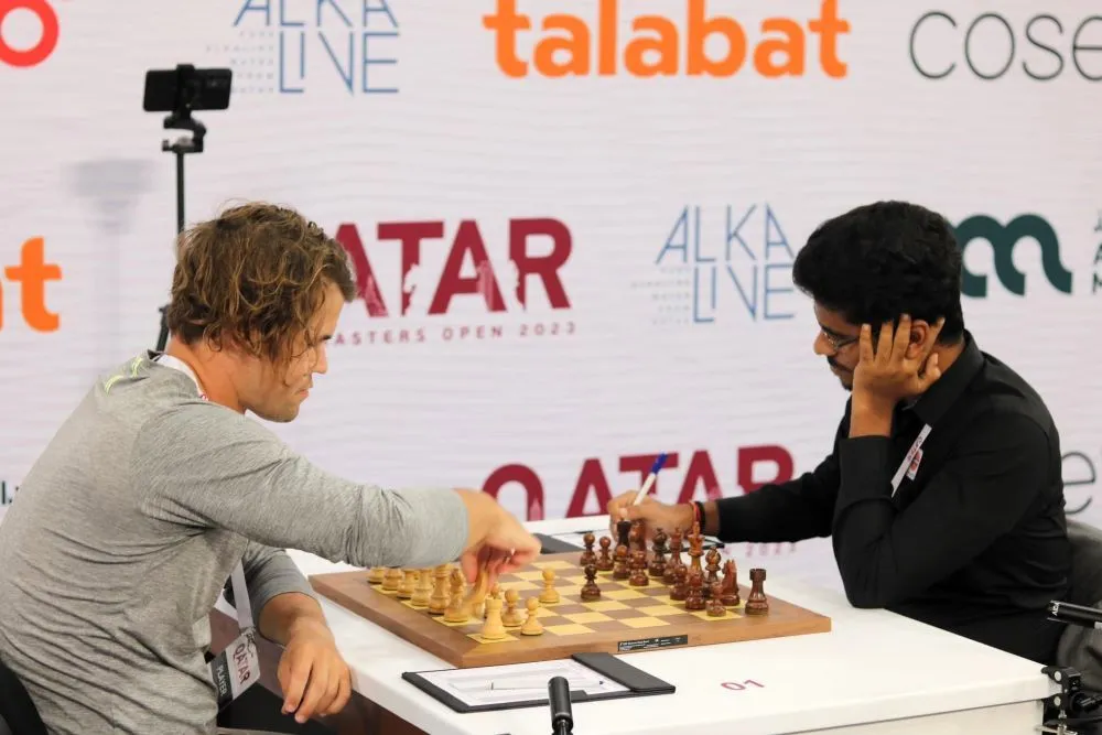 Karthikeyan's victory all but dashed the Norwegian's hopes of repeating his title win at the tournament in 2015. Image- ChessBase India  