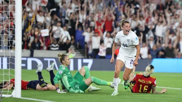 England's Ella Toone celebrates scoring against Spain at Euro 2022 | Women's World Cup | Sportz Point