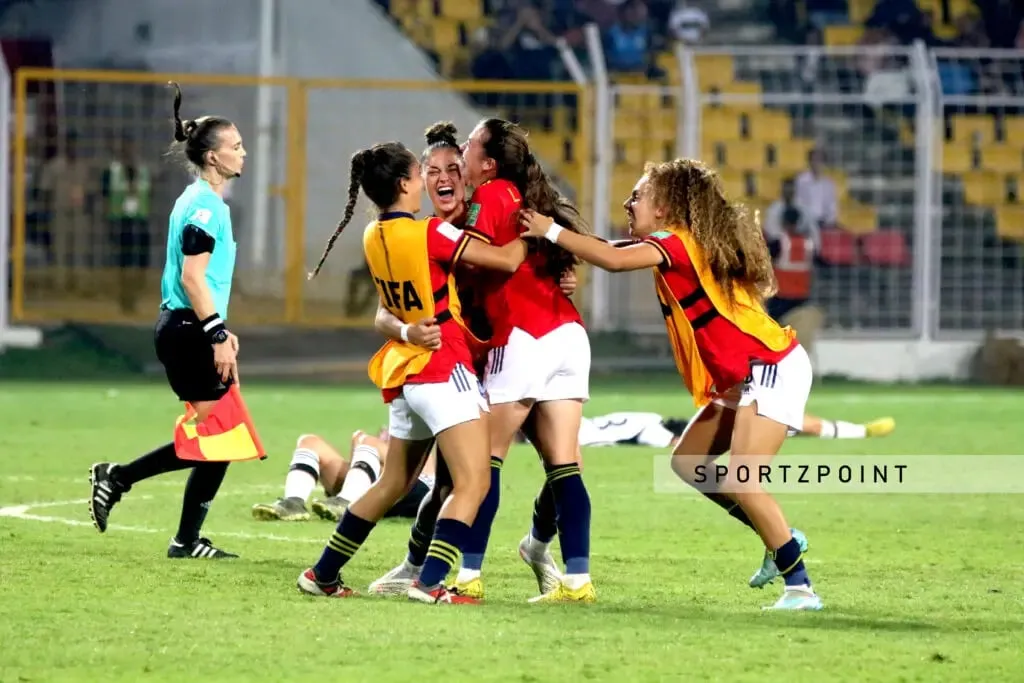Spain's Lucia Corrales celebrates with her teammates after scoring a late goal against Germany | FIFA U-17 Women's World Cup 2022 | Sportz Point