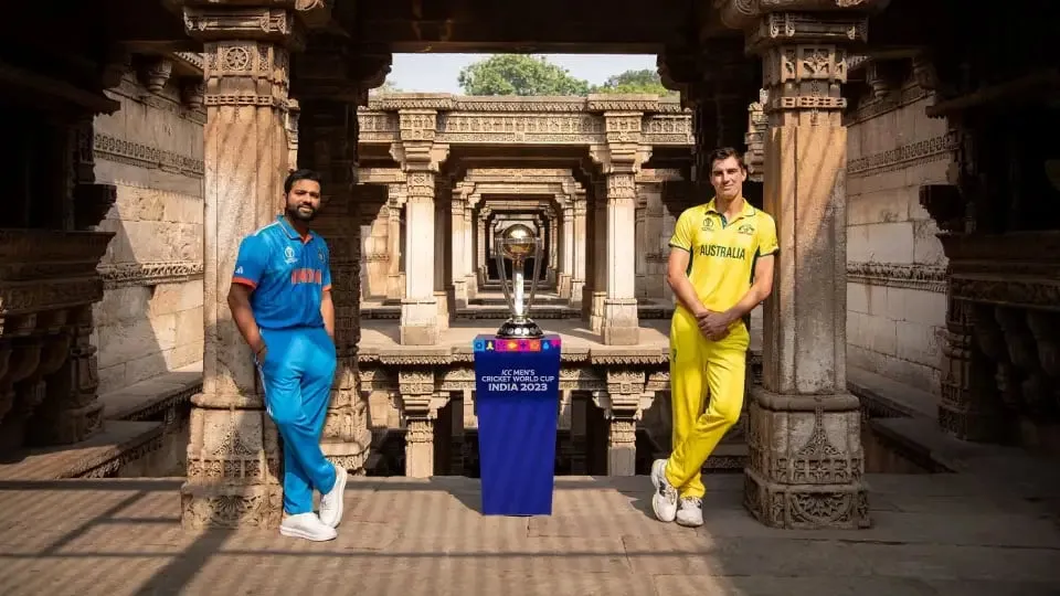 Rohit Sharma and Pat Cummins at the pre-final photo shoot at Adalaj Stepwell  Image - ICC