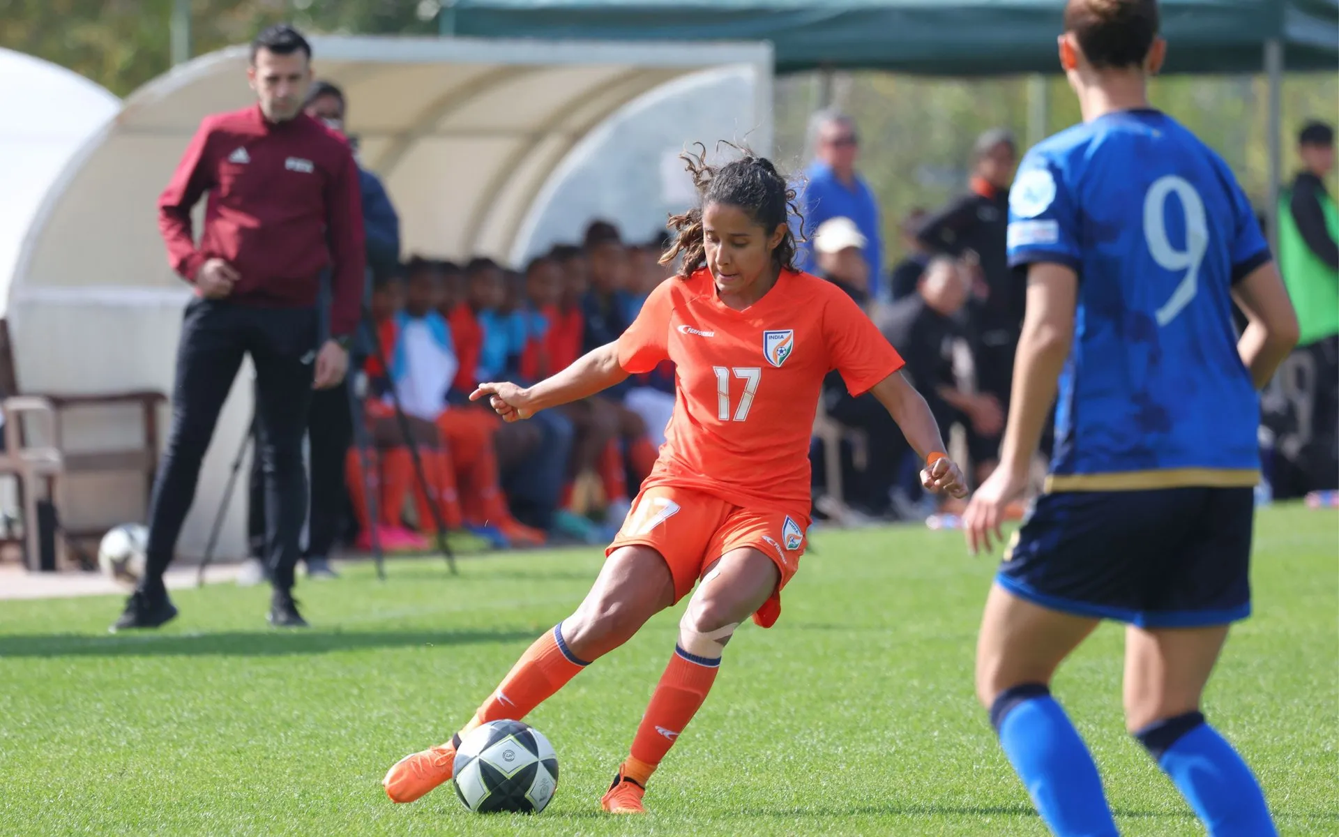 Indian defender Dalima Chibber in action against Kosovo in the Turkish Women's Cup 2024  Image | AIFF Media