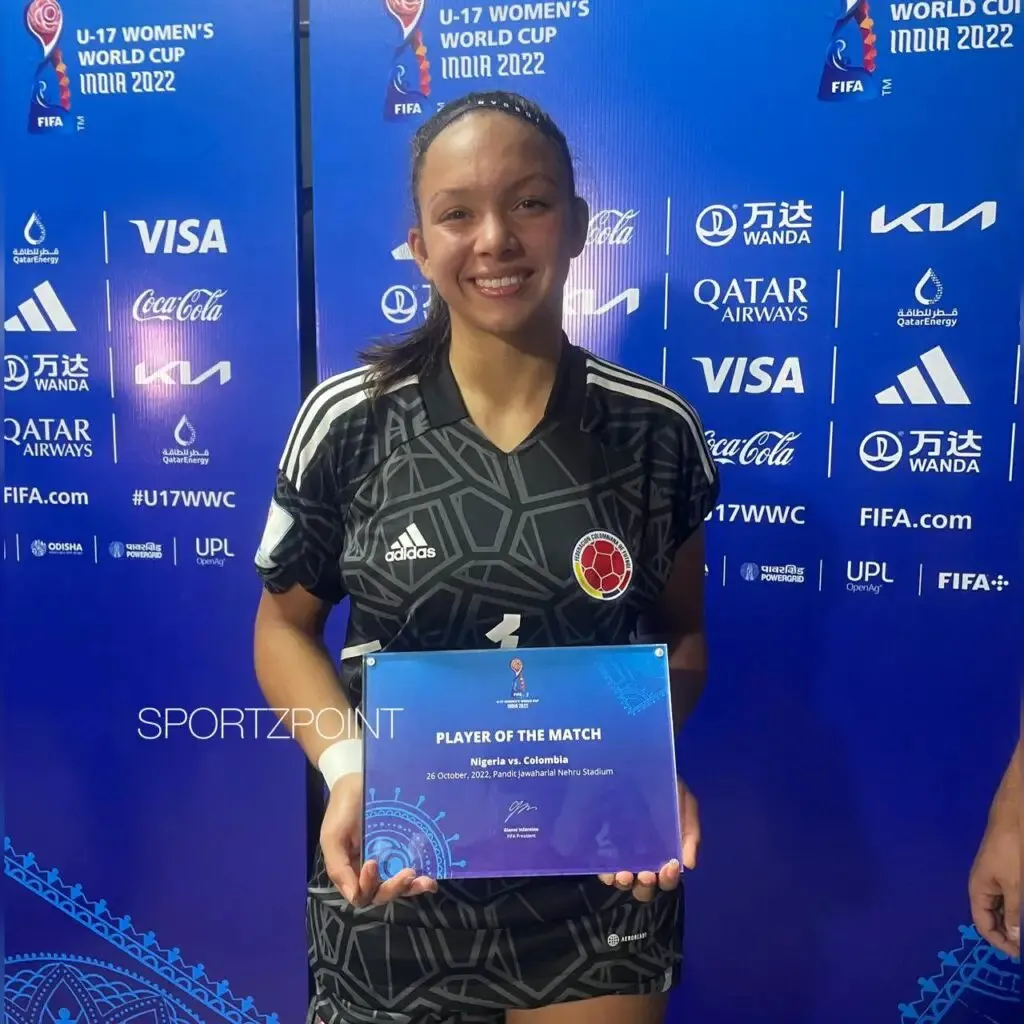 Colombia U-17 Women's Goalkeeper Luisa with the player of the match award after the semifinal against Nigeria | Sportz Point