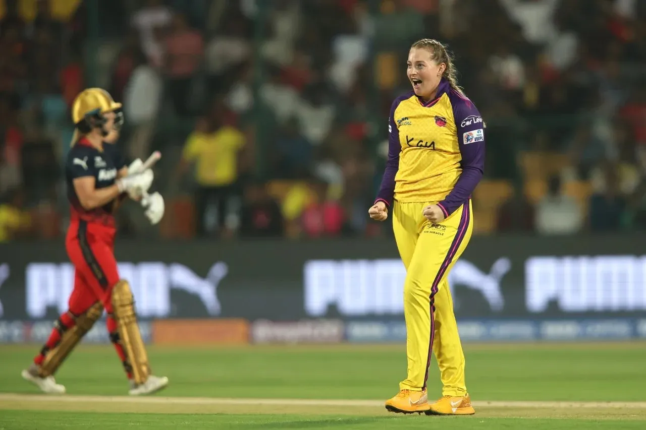 Sophie Ecclestone after  getting Ellyse Perry out in WPL 2024  Image | BCCI