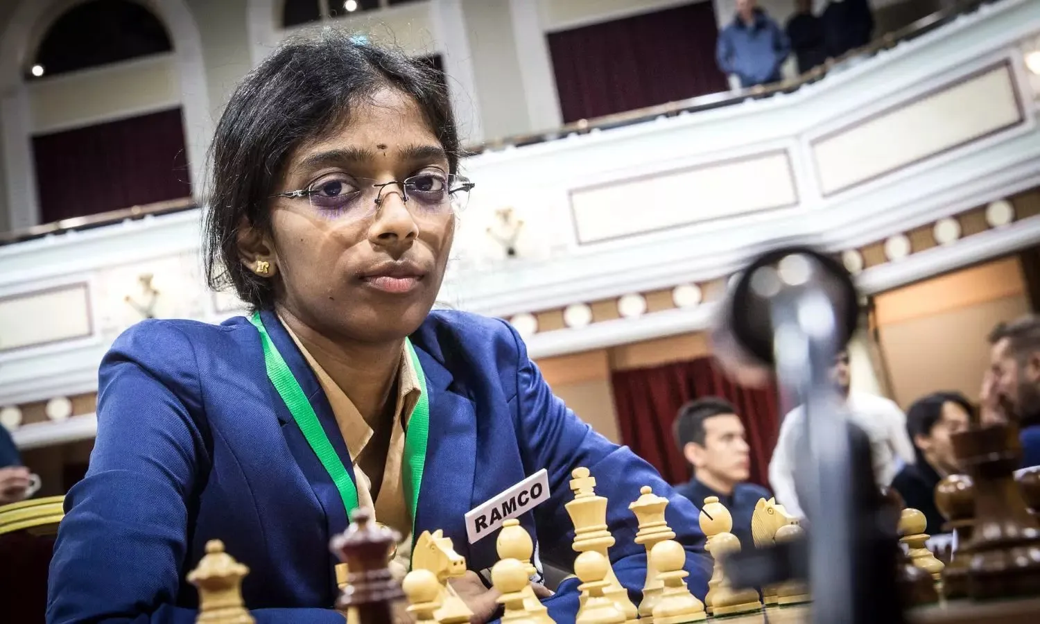 R Vaishali beat former world champion Grandmaster Tan Zhongyi at the FIDE Grand Swiss 2023 on Saturday to gain a half-point lead at the top of the ladder board. Image- The Bridge  