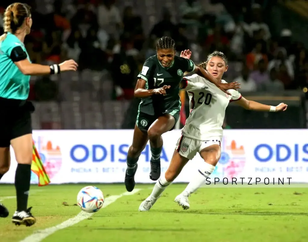 USA's defender Gisele Thompson battling it out against Nigeria striker Opeyemi Ajakaye. | Sportz Point