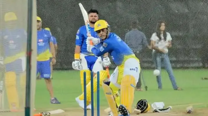 MS Dhoni smashing sixes during the net session at Dubai | SportzPoint.com