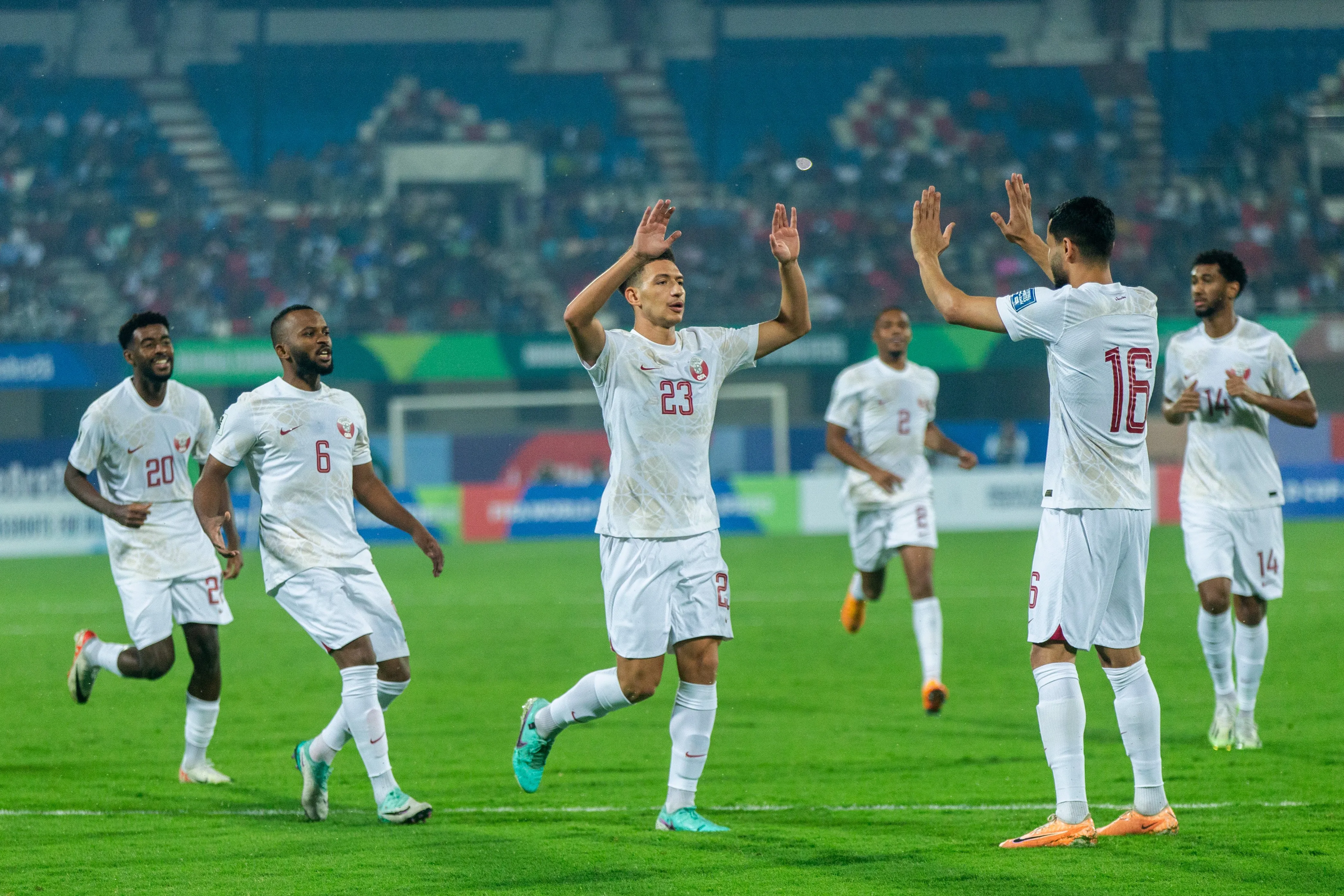 Moustafa Tarek Mashal celebrating Qatar's first goal in the match.  Image | AIFF/Shibu Preman