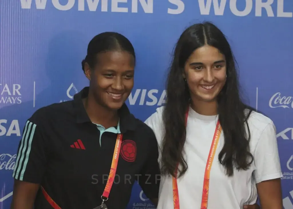 Colombia vs Spain | Stefania Perlaza (left) and Marina Artero pose for a picture in the press conference | Sportz Point