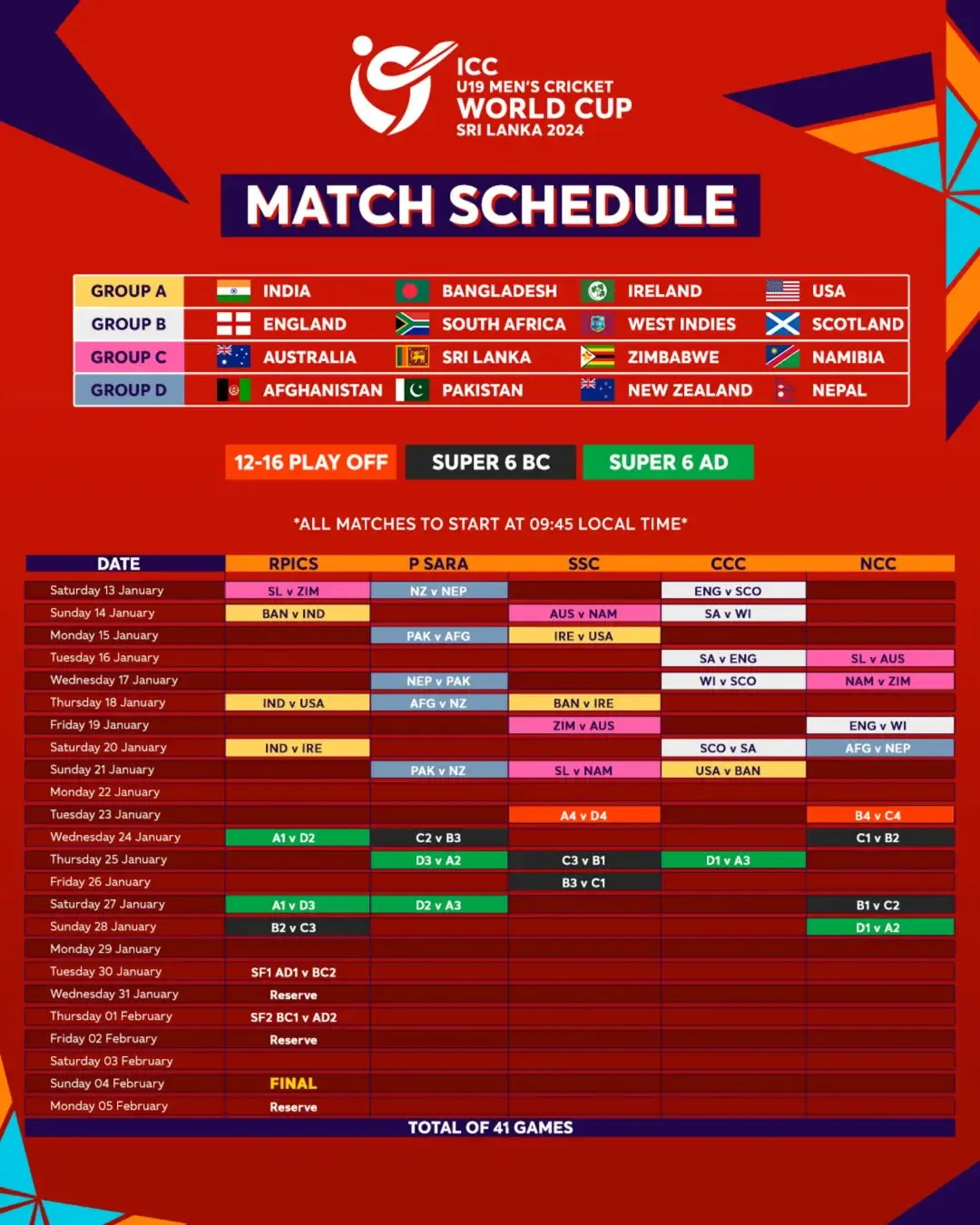 ICC U19 Men's Cricket World Cup Full Schedule | Sportz Point