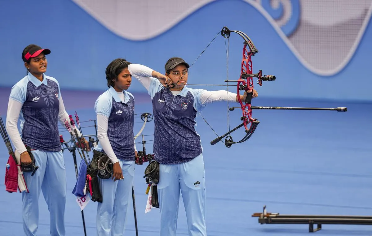 Indian compound women trio beat Chinese Taipei in a thrilling final to win gold. Image- Sportstar - The Hindu  