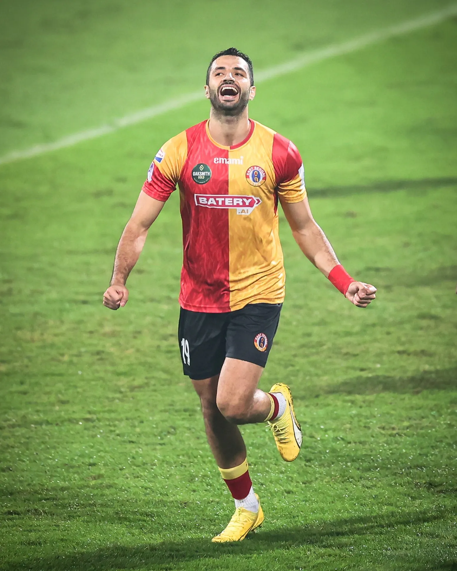 Hijazi Maher after scoring the first goal in the Kalinga Super Cup semi-final between East Bengal and Jamshedpur FC  