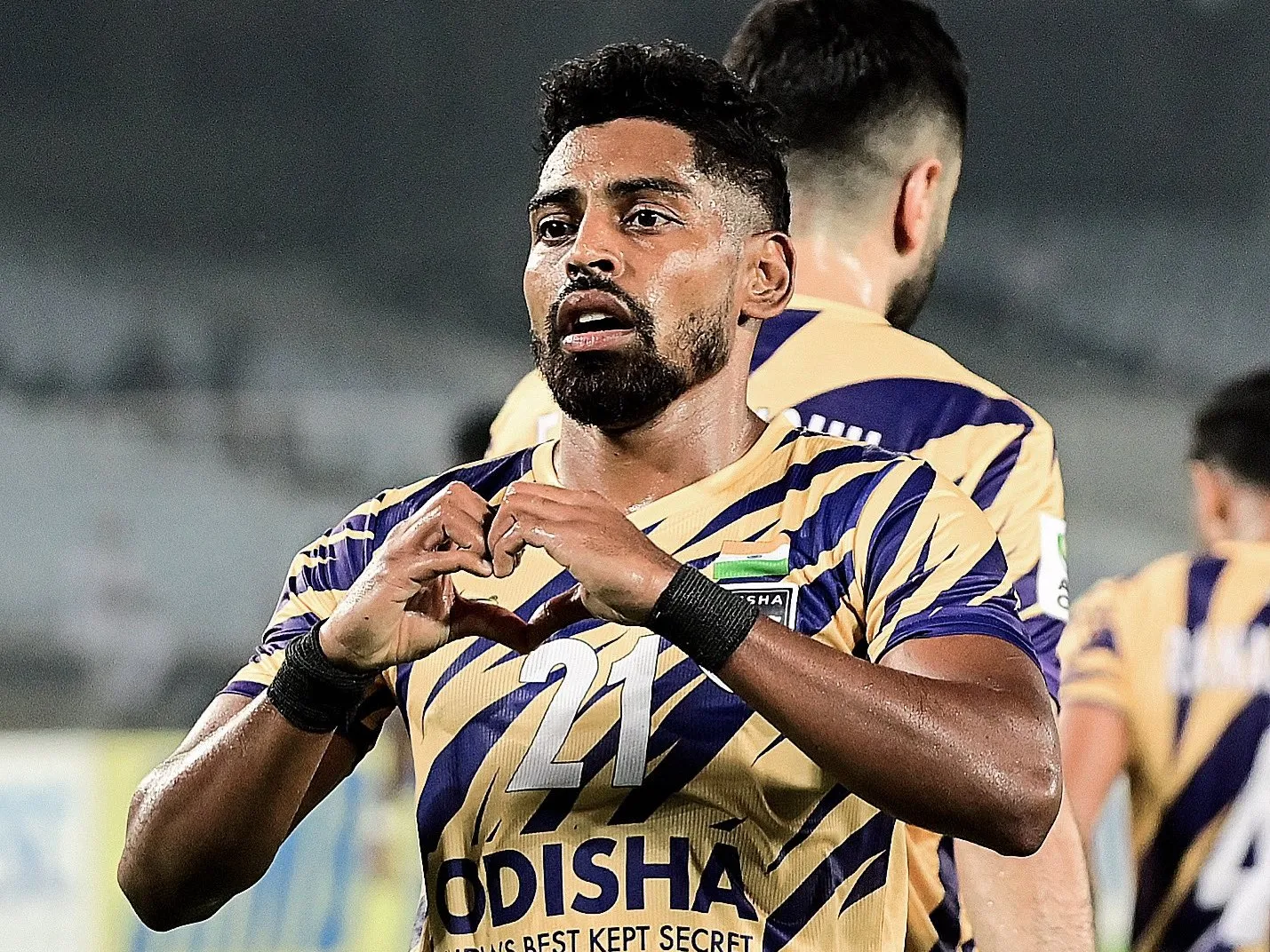 Roy Krishna with his trademark celebration after his goal against Mohun Bagan.  Image | Odisha FC
