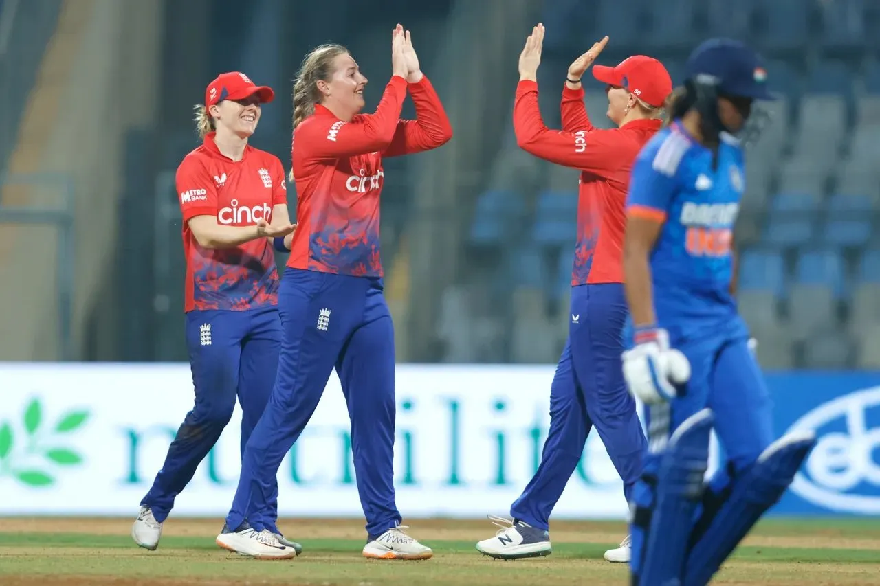 Sophie Ecclestone celebrating her wicket as she got Indian captain out.   Image | BCCI