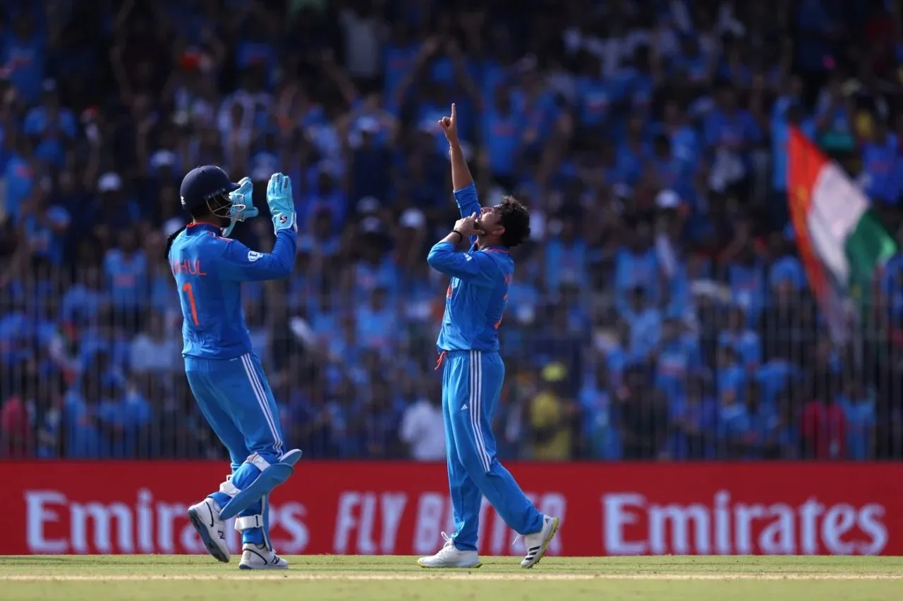 Kuldeep Yadav celebrates David Warner's wicket at the MA Chidambaram Stadium in Chennai.  Image: ICC/Getty Images