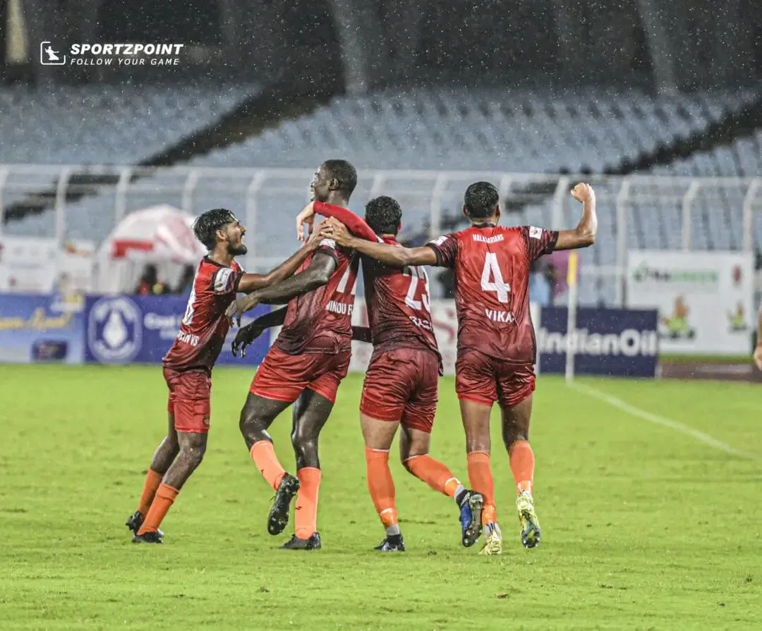 East Bengal vs Gokulam Kerala: Aminou Bouba celebrating the equaliser with the Gokulam Kerala teammates | Sportz Point