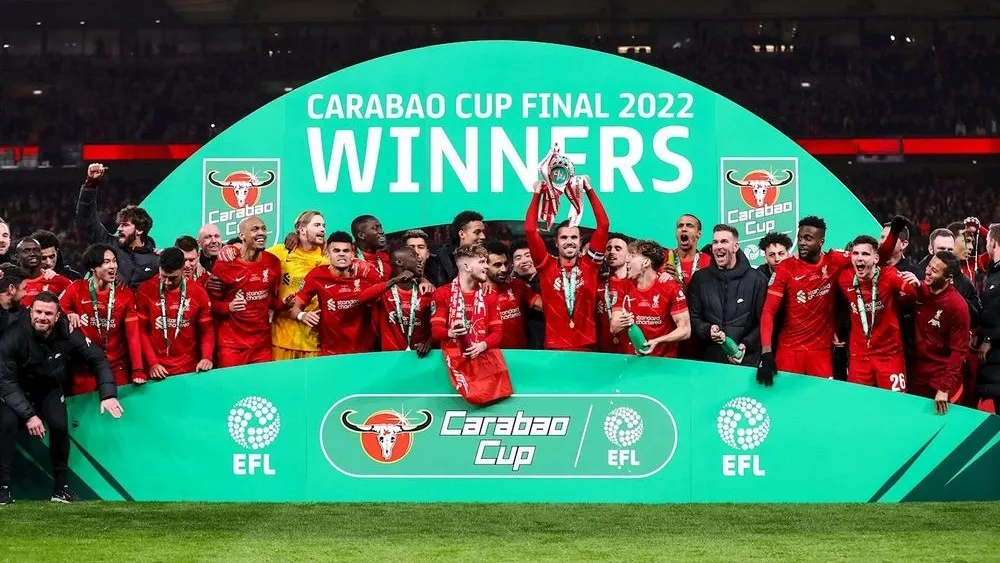 Liverpool with their latest Carabao Cup trophy in 2022.  Image | EFL