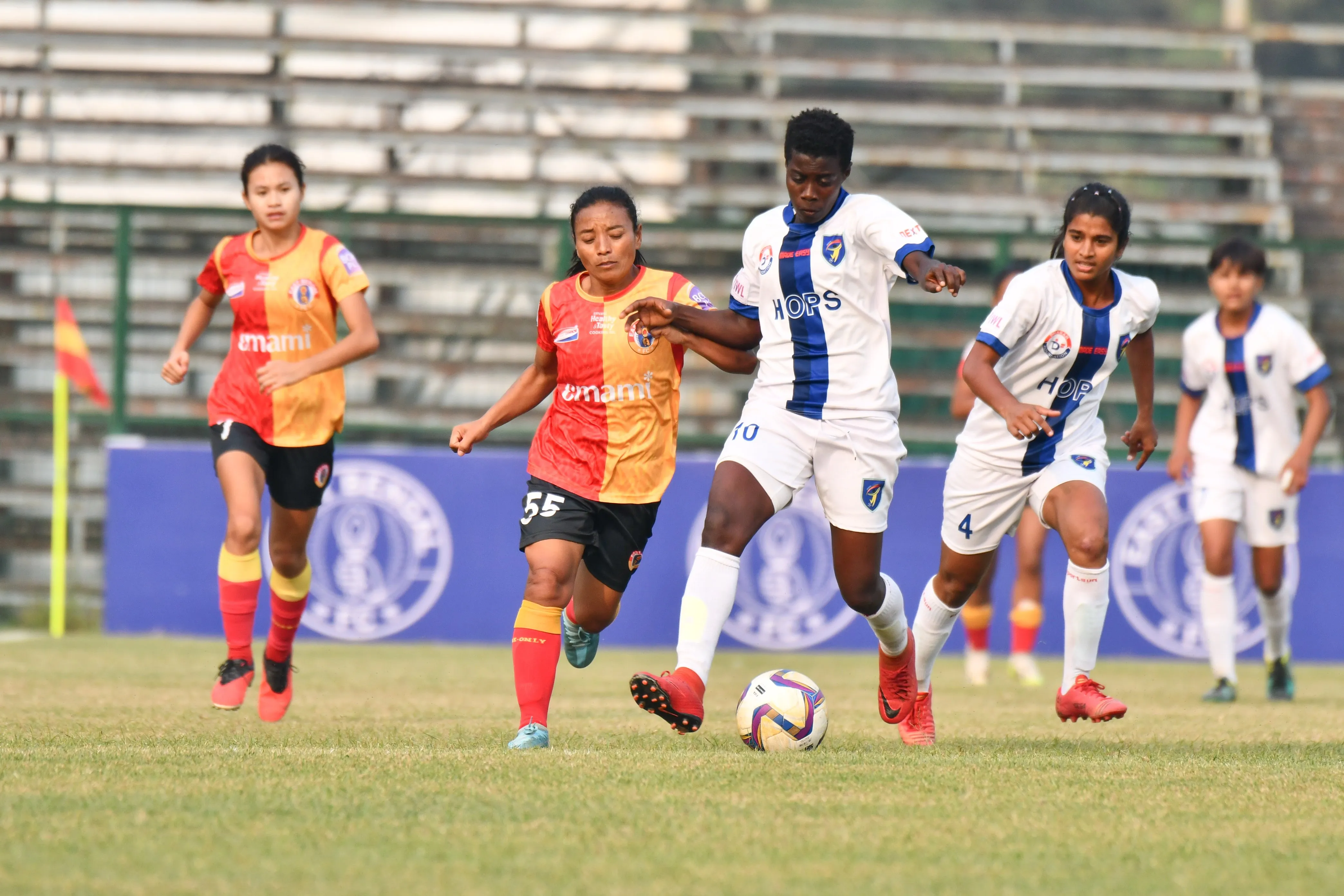 East. Bengal FC players found it tough to stop HOPS FC's Gladys Amfobea.  Image | East Bengal FC