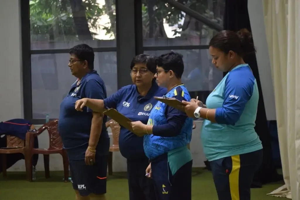 CAB apex council member Gargi Banerjee, National selector Mithu Mukherjee, Arpita Ghosh and Priyanka Roy taking a note during the U-16 trials of the Bengal Women's | Women's Cricket News | Sportz Point