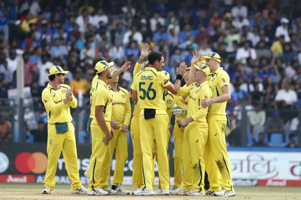 Starc and the Australian team celebrate after getting Shubman Gill out in the first ODI in Mumbai. 17 March 2023 | Sportz Point