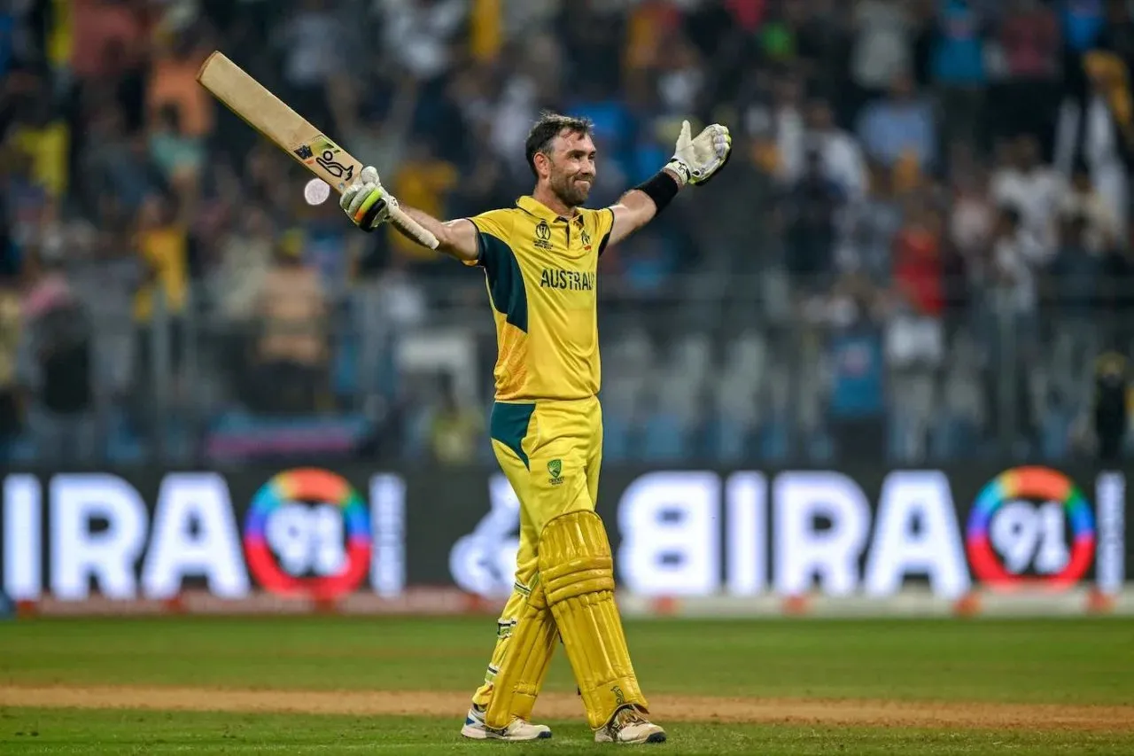 Glenn Maxwell became the first-ever player to score an ODI double ton in a chase, vs Afghanistan in ICC World Cup 2023  Image | ICC/Getty Images