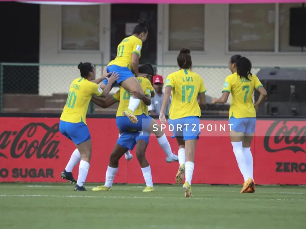 Brazil U17 Women's Team celebrates after scoring their first goal of the tournament | Sportz Point