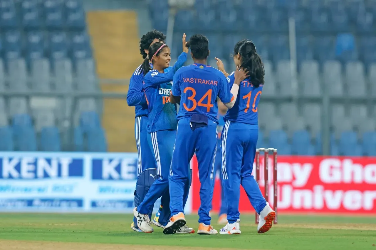 Shreyanka Patil celebrating her second wicket of the match.  Image | BCCI