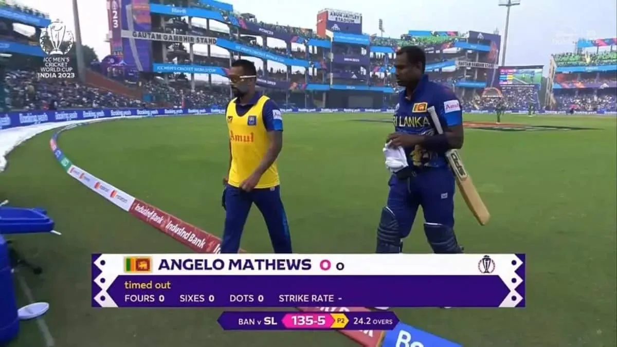 Angelo Mathews had to walk back to the dugout after Bangladesh skipper Shakib al Hasan appealed for a timed-out. Image- Crictoday  